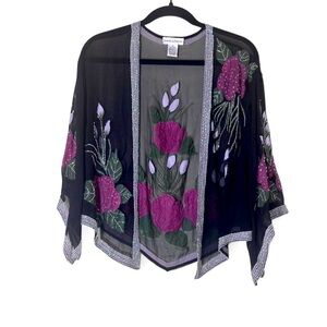 100%Silk Boho Sheer Kimono Floral Embroidered Black Purple Layering Top size12